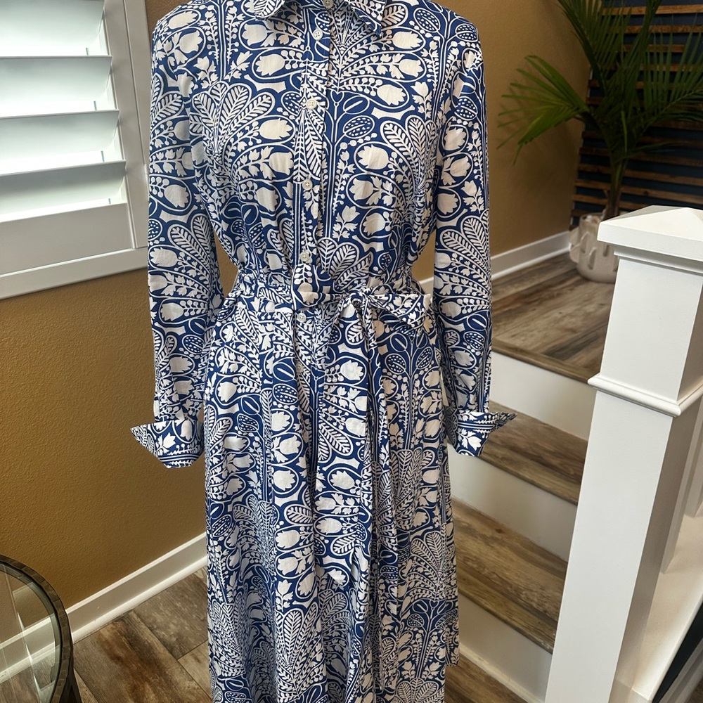 Boden Blue and White Long Sleeve Shirt Dress